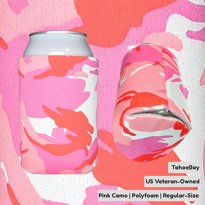 TahoeBay Blank Beer Can Cooler Sleeves (25-Pack) Bulk Sublimation Blanks for Vinyl Plain Soft Foam Can Sleeves Coolers for Soda Cans & Bottles Black, White, Assorted Solid Color (Pink Camo)