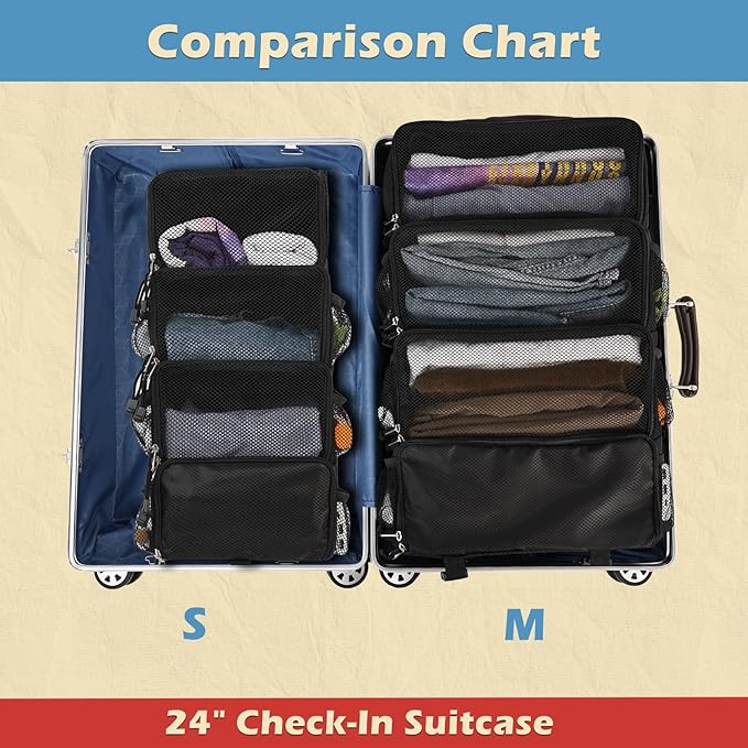 Surblue Travel Hanging Packing Cubes with 2 Hooks Hanging Shelves for Luggage Organizers Portable Compression 4 Shelf Closet Carry-on Suitcases Organizers, Medium, Black
