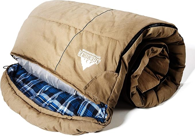 AGEMORE 0 Degree Canvas Sleeping Bag for Adults, Cotton Flannel Sleeping Bag for Winter Camping, Fishing, Hunting or Traveling, Durable Cotton Canvas Shell and Removable Flannel Liner