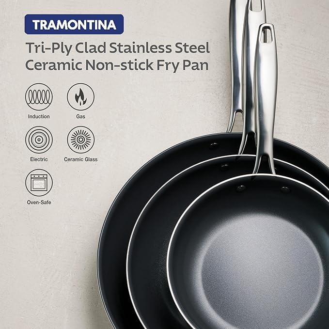 Tramontina Signature 12-Inch Tri-Ply Clad Stainless Steel Large Frying Pan with Ceramic Non Stick Interior, Induction-Ready Nonstick Skillet, Oven-Safe, Made in Brazil
