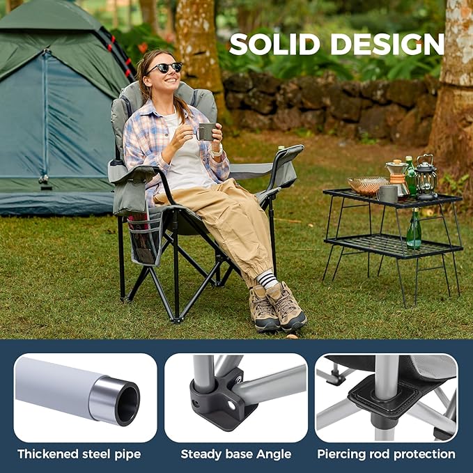 KingCamp Oversized Camping Folding Chair with Lumbar Support, Heavy Duty Ergonomic Padded Arm Chair with Cooler Bag, Cup Holder, Portable for Outdoor