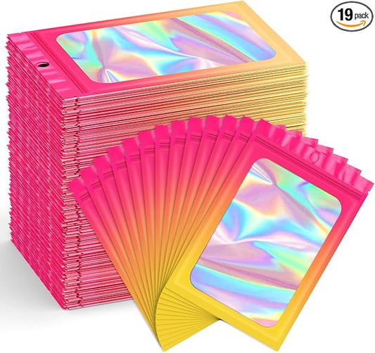 Funfery 300 Pack Smell Proof Resealable Bags for Food Storage,Holographic Bags 4x6 Hot Pink Orange Mylar Clear Packaging Bag- Scent Proof for Cookies, Zip Foil Pouch for Small Business