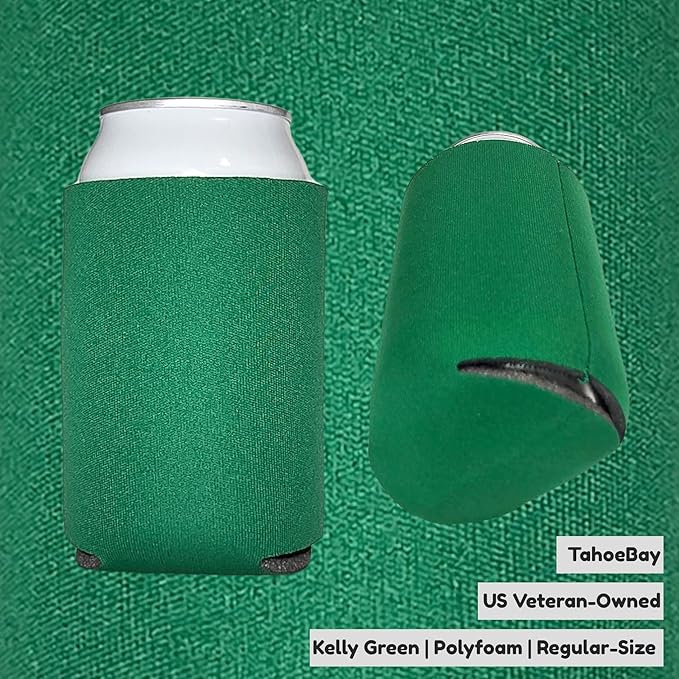 TahoeBay Blank Beer Can Cooler Sleeves (25-Pack) Bulk Sublimation Blanks for Vinyl Plain Soft Foam Can Sleeves Coolers for Soda Cans & Bottles Black, White, Assorted Solid Color (Kelly Green)