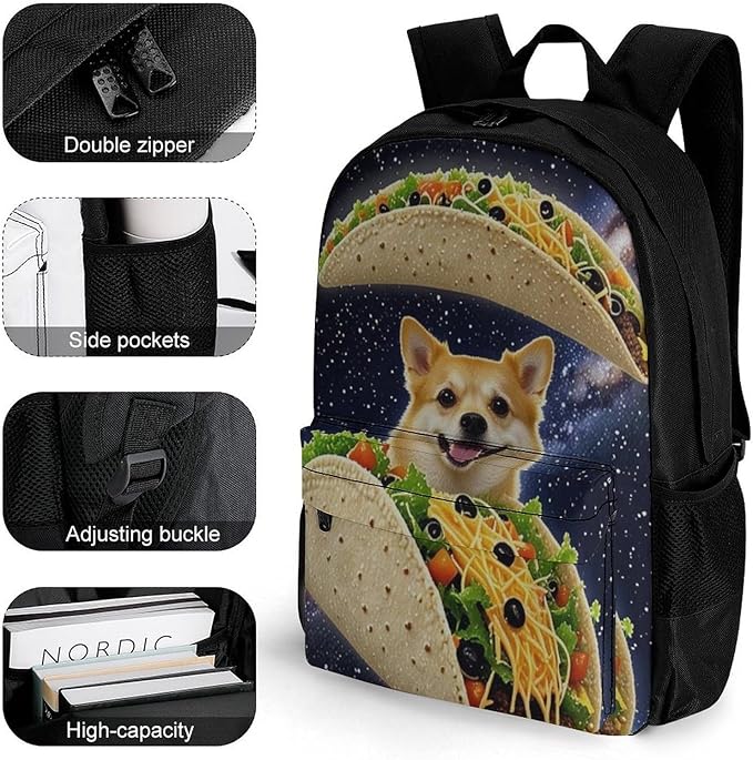Men Women Polyester Space Funny Corgi Dog Pizza Taco Daypack Big Capacity Shoulder Bag With Adjustable Shoulder Straps for Camping Travel Walking Cycling