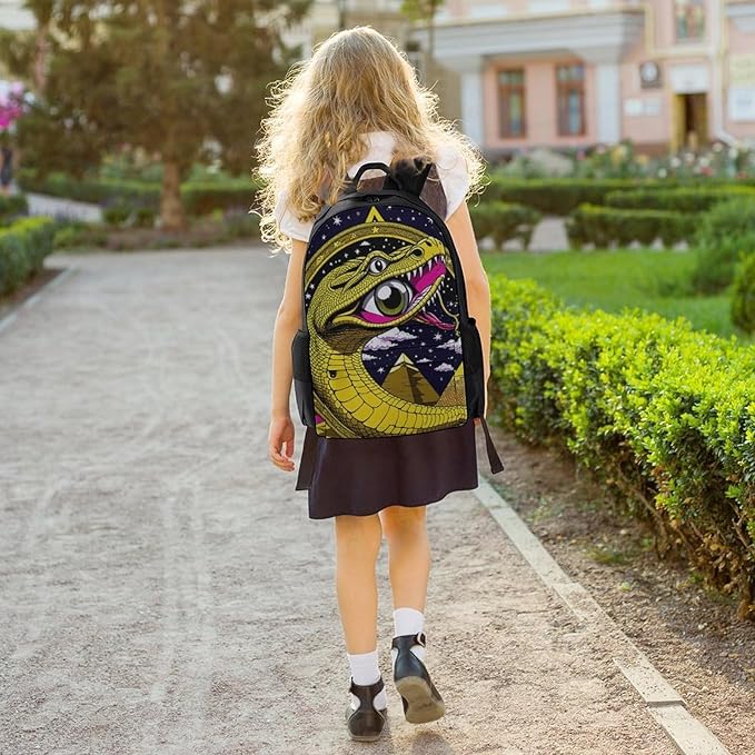 Men Women Polyester Egypt'S Mysterious Pyramids Golden Snake Art Daypack Backpack Large Capacity Carry On Bag With Smooth Zippers for Hiking Picnic Walking Cycling
