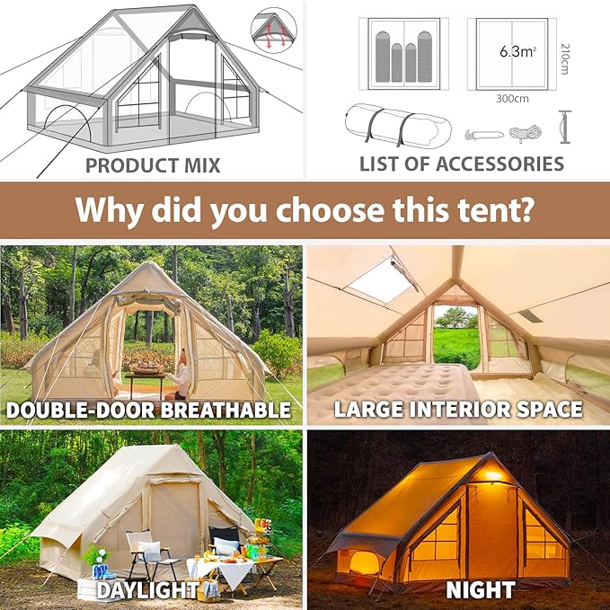 Inflatable Tents for Camping, Large Inflatable Camping Tent with Hand Pump, Easy Setup Tents for 4-6 People, Portable Glamping Tent