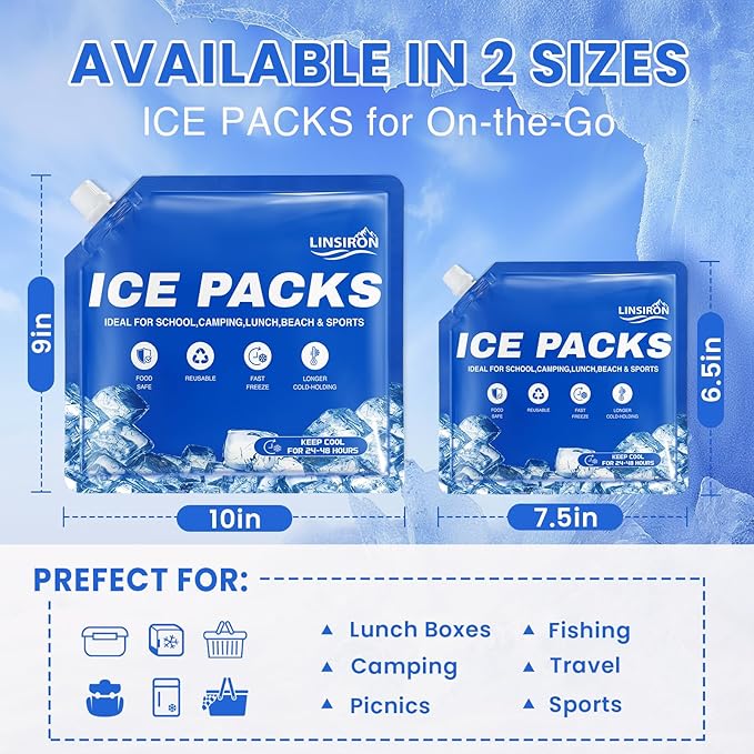 Ice Packs for Cooler 6Pcs 2025 Upgrades Freezer Lunch Boxes Reusable Coolers Shock Wheels Long Lasting Dry Pack Large Cold Blocks Accessories Cubes Slim Box Flat Camping Essentials 7.5x6.5 In