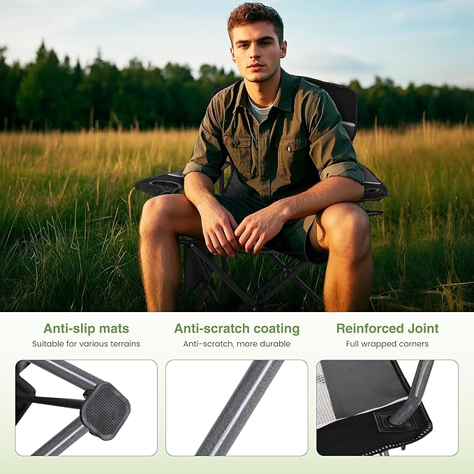 LET'S CAMP Mesh Back Camping Chair Portable Folding Heavy Duty Outdoor Chair Support 330 LBS Durable Large Arm Chair with Cup Holder and Carry Bag for Camp, Fishing, Hiking, Black