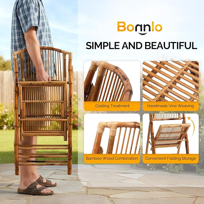 Bonnlo Bamboo Folding Chairs 1/2/4 Pack Foldable Dining Wood Chairs for Outdoor Indoor Garden Patio Lawn Porch Wedding Party Event