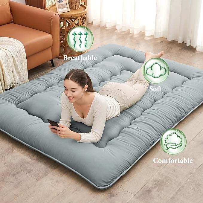 DAICO Japanese Floor Mattress, 4'' Thicken Futon Mattress Tatami Mat, Sleeping Pad Foldable Roll Up Mat for Camping and Guest Room, Queen Size 60''*80'', Grey