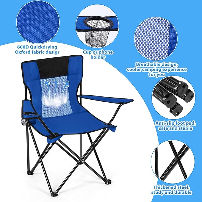 Shellwei 2 PCS Folding Camping Chair with Cupholder and Carry Bag Regular Size Colorful Breathable Portable Lightweight Lawn Chair with Side Pocket for Fishing Hiking Beach Outdoor Activity