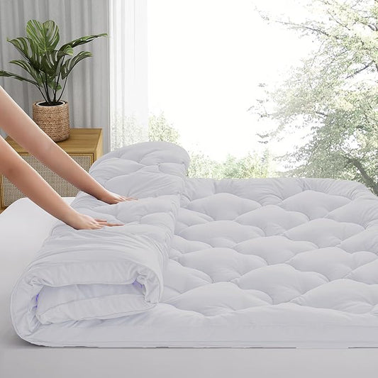 1 Inch Quilted Mattress Pad Pillow Top Mattress Cover Protector Cooling Soft for Breathable Padded Deep Pocket 8-21 Fitted Supportive(White,Queen Size)