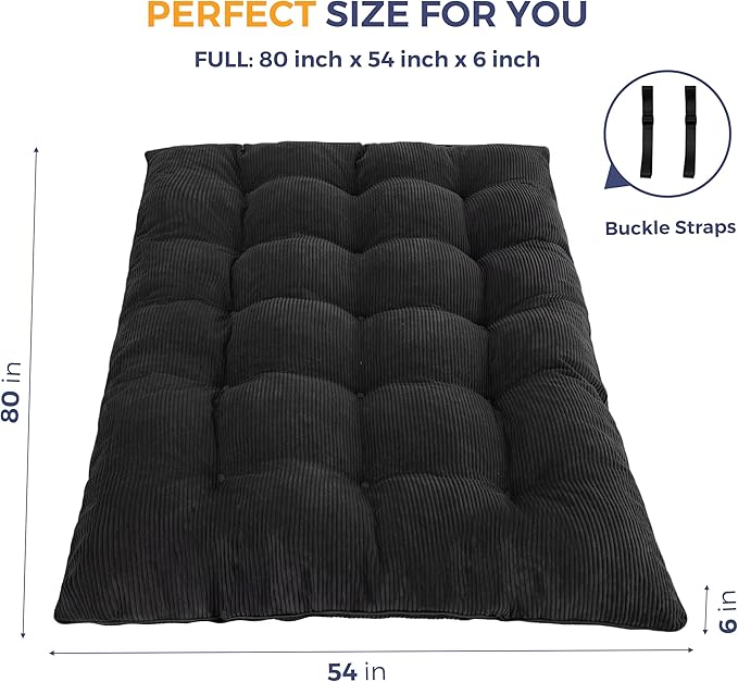 MAXYOYO 6" Japanese Floor Mattress, Foldable Futon Mattress Full Size, Tufted Roll Up Floor Bed, Thick Tatami Mat Sleeping Pad Portable Lounger for Camping Guest Room Dormitory Bedroom RV, Black