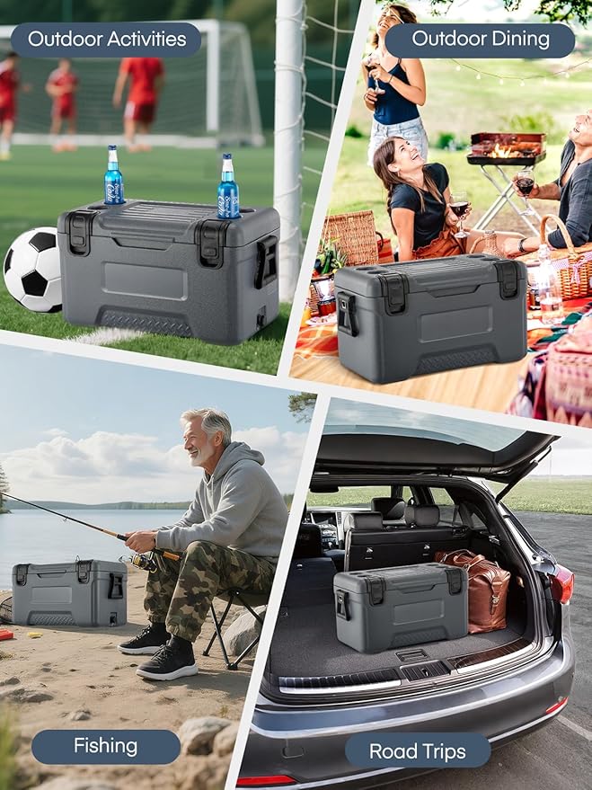 Cooler, Portable Hard Cooler with Dual Latches, Insulated Ice Chest with Swing-up Side Handles, Molded Ruler＆Cup Holders, Coolers Keeps Cool for 3+ Days, Camping Fishing Road Trips Beach, 47.5 QT