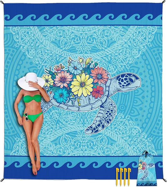 Beach Blanket Waterproof Sandproof, Turtle Flowers Oversized Extra Large Picnic Mat 83"×95"/8 × 7 FT for 1-7 Adults for Travel Camping Hiking, Quick Drying Lightweight Beach Vacation Essentials