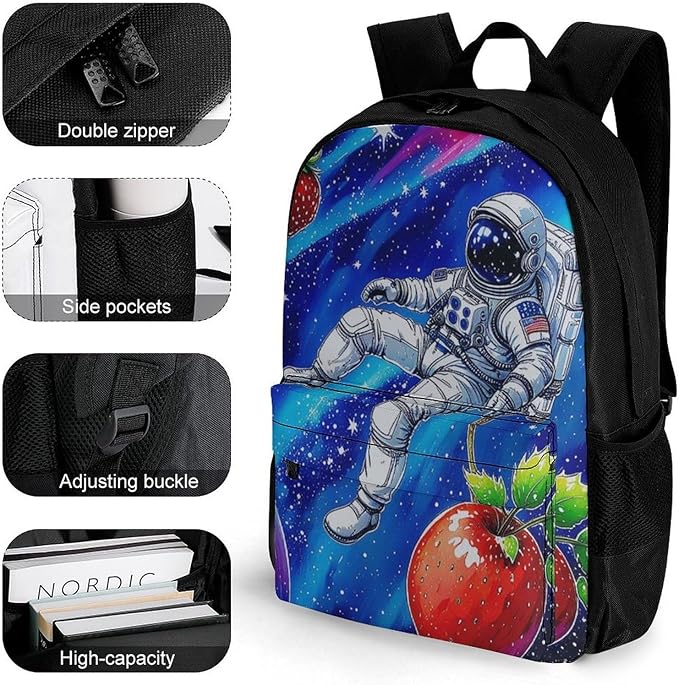 Supdreamc Daypack Backpack Anti-Theft Multipurpose Large Capacity Carry On Bag, Space Astronaut Galaxy Strawberry Art Traveling Camping Backpack With Side Pockets