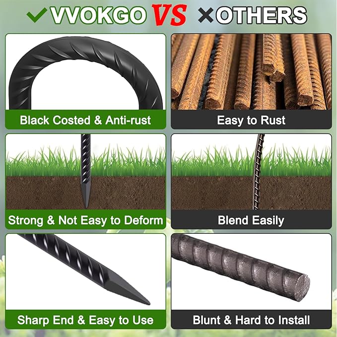 VVOKGO Rebar Stakes 16 Inches J Hook Heavy Duty Chain Link Fence Stakes, 16 Pcs Metal Long Tent Spikes Ground Anchors for Wire Fencing, Dogs Digging, Camping Tents, Swings, Greenhouse, Black