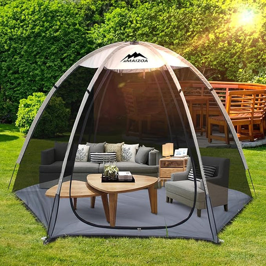 Screen House Tent 8 x 7 Ft Mesh Net, Outdoor Camping Screen Room Sun Shade Gazebo Shelter, Perfect for Family Picnic, Backyards, Campfire Barbecue and Party (Beige, with Floor mat)