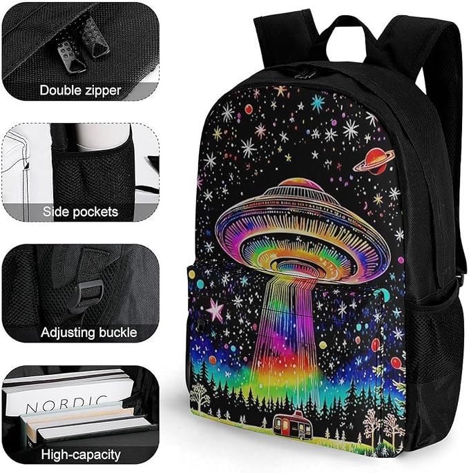 Supdreamc Men Women Polyester Colorful Magical Spaceship Art Daypack Bookbag Big Capacity Shoulder Bag With Padded Straps for Climbing Travel Walking Cycling