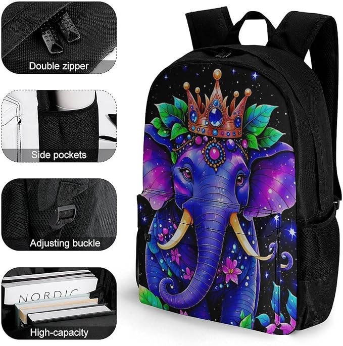 Casual Daypack Multipurpose Anti-Theft Large Capacity Carry On Bag, Tribal Elephants Flowers Shining In The Dark Art Casual Daypack Climbing Shoulder Bag With Padded Straps