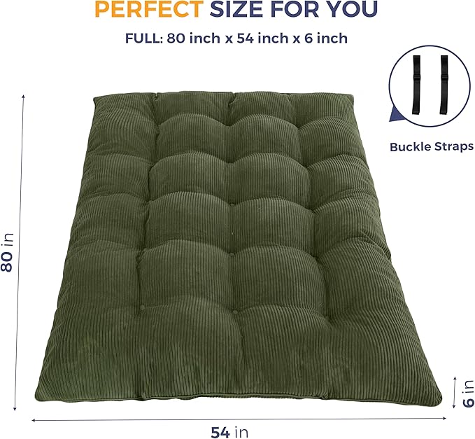 MAXYOYO 6" Japanese Floor Mattress, Foldable Futon Mattress Full Size, Tufted Roll Up Floor Bed, Thick Tatami Mat Sleeping Pad Portable Lounger for Camping Guest Room Dormitory Bedroom RV, Dark Green
