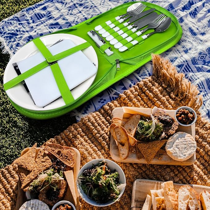 Portable Camping Silverware Utensil Set, 13 Pcs Picnic Mess Kit for 2 Person-Stainless Steel Serrated Knife Spoon Fork Wine Opener Plate Cutting Board Napkin, Camp BBQ Travel Set