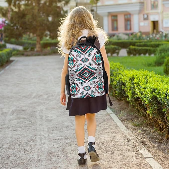 Polyester Daypack Backpack for Trekking Picnic Walking Cycling, Large Capacity Anti-Theft Multipurpose Shoulder Bag, Geometric Indiana Western Southwest Tribal Ethnic Aztec White Casual Daypack