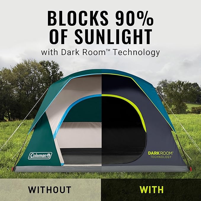 Coleman 4/6/8/10 Person Skydome Dark Room Tent with Rainfly, 5 Minute Setup, Blocks 90% of Sunlight, 20% More Headroom Than Traditional Tents