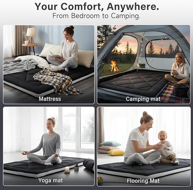 Welnow Japanese Futon Floor Mattress, Thick Full Size Tatami Mat Portable & Foldable Roll Up Floor Bed Mattress with Storage Bag, Sleeping Pad for Adults, Dorm, Guest Bed, Camping and Travel, Black