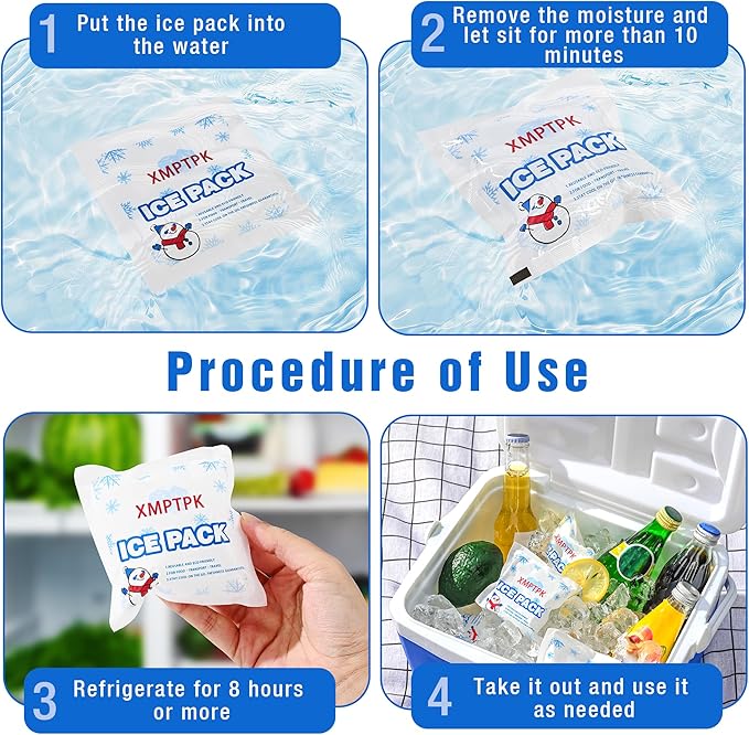 Ice Packs for Cooler, Lunch Boxes and Shipping, Slim Design Reusable Gel Freezer Packs for Frozen Food & Drinks, Camping, Picnic and Fishing