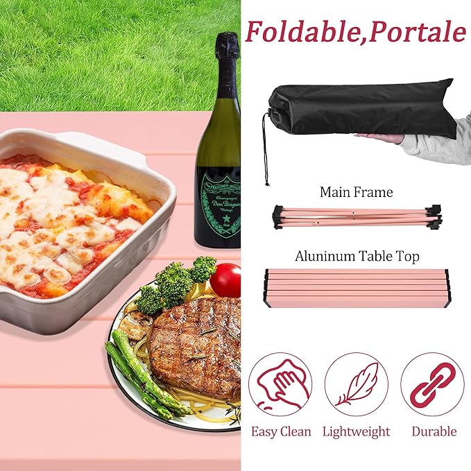Grope Portable Beach Table for Sand with Aluminum Table Top, Folding Camping Table Easy to Carry, Prefect for Outdoor, Picnic, BBQ, Cooking, Festival, Beach, Home (Pink-S)