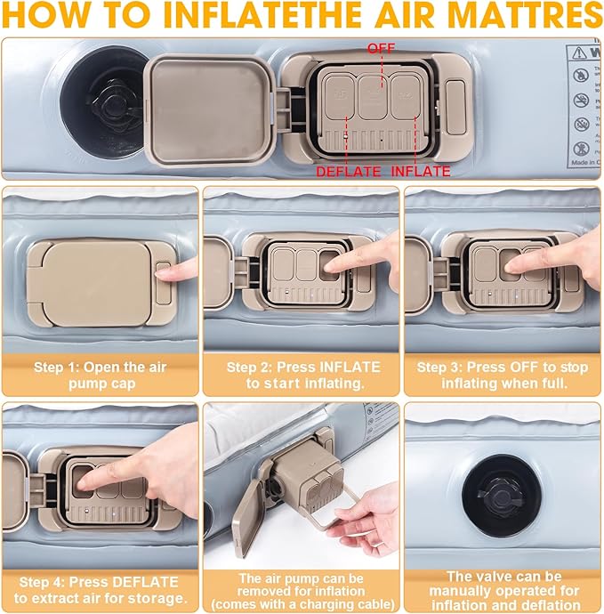 KMZ Portable SUV Air Mattress - Built-in Electric Pump for Fast Inflation - Soft Flocked Surface Car Bed - Ideal for Road Trips & Outdoor Camping - Grey