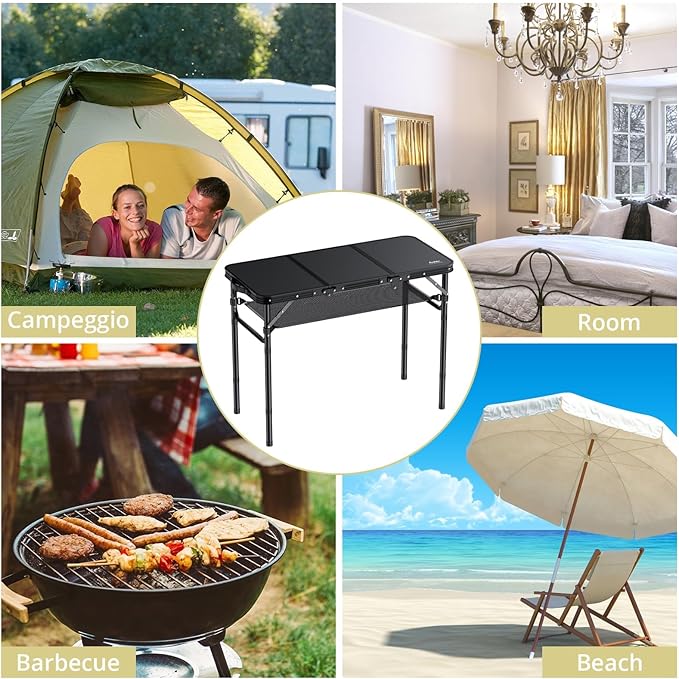 Folding Camping Table with Storage Net, 3ft Camping Table Aluminum Folding Table with 3 Adjustable Height Max 27.5 Inch Picnic Table Portable Table for Outdoor Backyard BBQ, Pure Black
