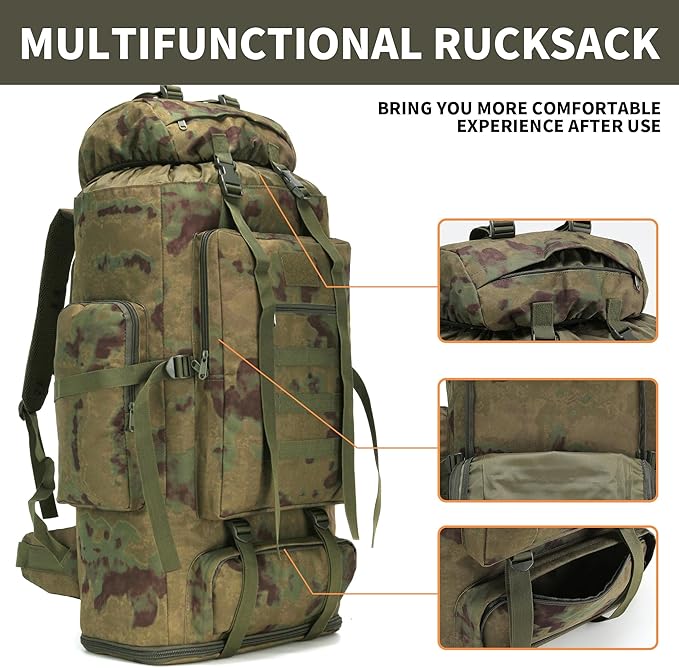 100L Hiking Camping Backpack MOLLE Rucksack Waterproof Daypack (RuinGreen)