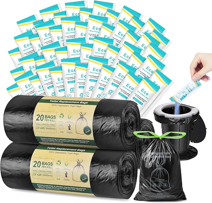 BLIKA Camping Toilet Bags Eco Absorbent Gel Set, Drawstring Portable Toilet Bags with Gel, 8 Gallon (30L) Heavy Duty 1.97 Mil, Toilet Replacement Bag with Toilet Powder for Camping Outdoor Hiking