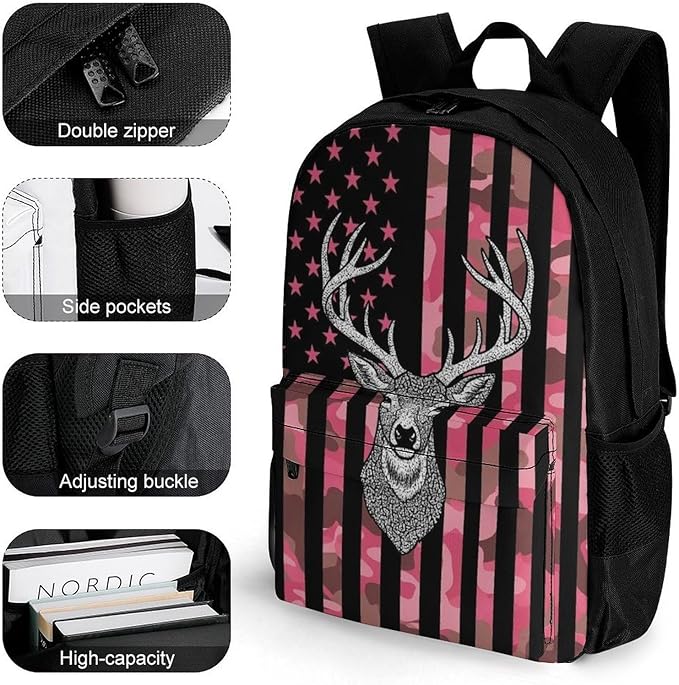 Lightweight Daypack Bookbag for Trekking Business Walking Cycling, Big Capacity Anti-Theft Multipurpose Carry On Bag, Pink Camouflage American Flag Hunting Camo Deer Business Computer Bag