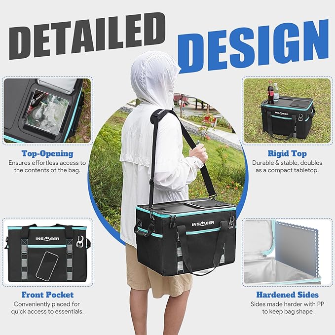 INSMEER Soft Cooler Bag with Hard Shell & 2 Cup Holders, Portable 40L/70 Cans Collapsible Cooler Bags Insulated with Leakproof for Travel, ice chests and Cooler Lunch Box for Beach Camping Picnic