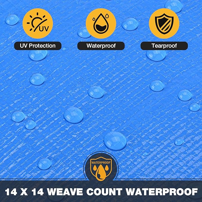 Tarp 20x30 Feet 14 Mil Heavy Duty Waterproof Tarp, Large Multipurpose Cover with Brass Grommets and Reinforced Edges, UV Resistant Thick Poly Tarps for Outdoor Camping Tent Pool Car, Blue