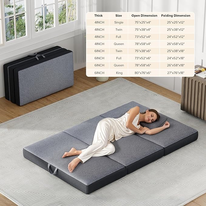 Trifold Mattress Queen Size 4 Inch - Foldable Memory Foam Mattress for Camping, Travel, RV, Guest Bed & Yoga - No Slip Bottom, Washable Cover with Handles - Portable Folding Floor Cushion 78"x58"x4"
