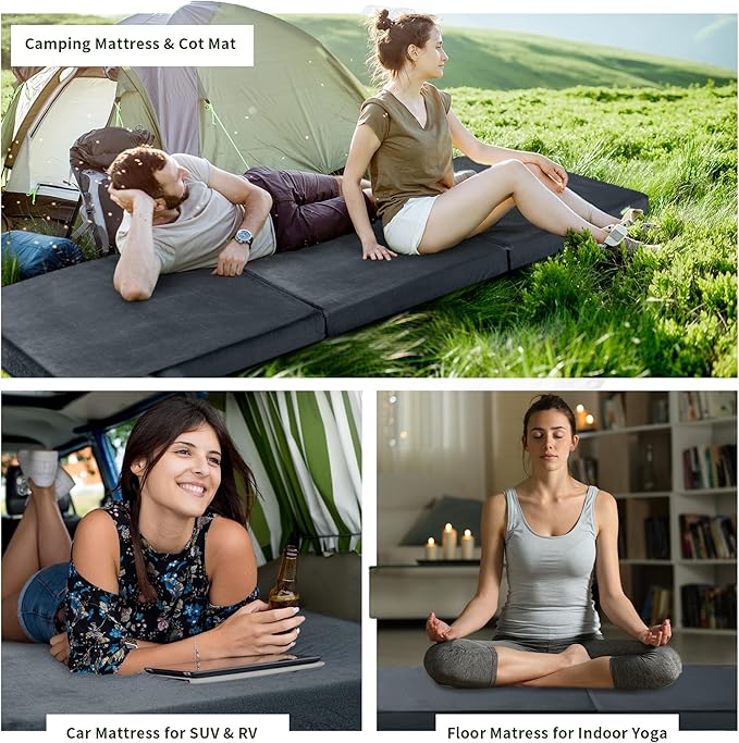 HOMBYS Tri Folding Memory Foam Camping Mattress for Outdoor Sleeping, Portable Waterproof Camping Pad Mat for Travel Truck Bed Tent