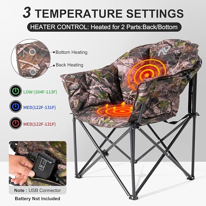ABORON Heated Camping Chair Oversized, Three Model Portable Heated Cushion Folding Chair, Heavy Duty Heated Foldable Chairs Support Up to 500 lbs, Ideal for Outdoor Adventures