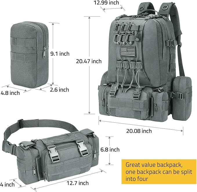 CVLIFE 60L Tactical Backpack for Men Women Military Large Army Rucksack With D-Ring Molle Clips Compass Accessories 3 Day Bug Out Survival Molle Bag Hiking Camping Gym Daypack Backpack, Grey