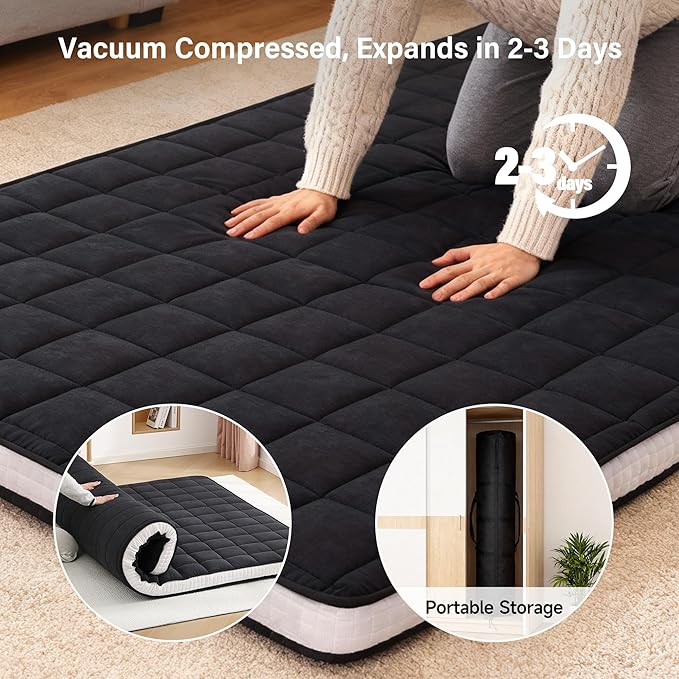 Welnow Japanese Futon Floor Mattress, Twin Size Thick Tatami Mat Portable & Foldable Roll Up Floor Bed Mattress with Storage Bag, Sleeping Pad for Adults, Dorm, Guest Bed, Camping and Travel, Black