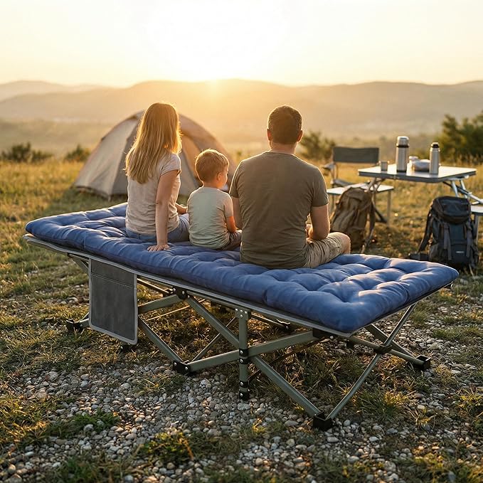 Blue Camping Cot with 2.9" Thick Mattress - Heavy Duty 600 LBS Folding Bed, 75"x28" Portable Guest Bed, Waterproof Oxford Fabric & Alloy Frame for Camping, RV, Home Emergency
