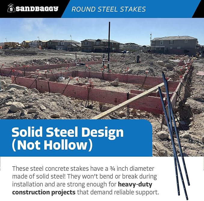 Sandbaggy Round Steel Concrete Form Stakes with Nail Holes - Rust Resistant Coating - Removable, Reusable (200, 3/4 in X 36 in)