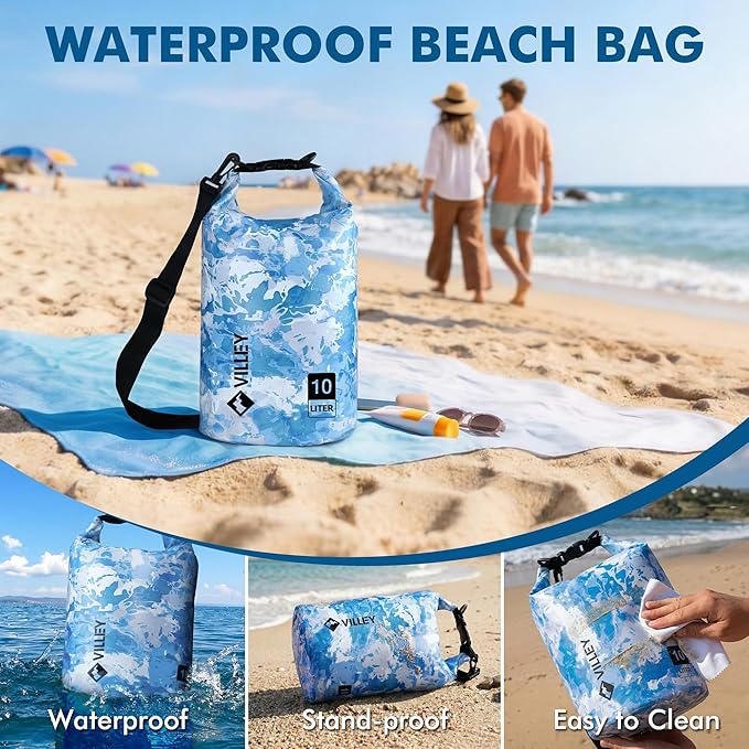 VILLEY Dry Bag Waterproof 20L Roll Top Storage Backpack, Keeps Gear Dry Lightweight Backpack for Kayaking Boating Camping Swimming and Beach Accessories Blue Camo