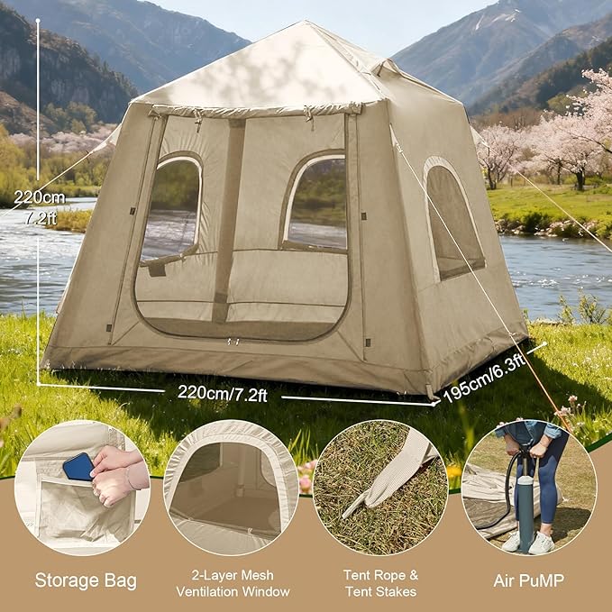 Inflatable Tents for Camping,Easy Blow Up Tent with Hand Pump,4 Seasons Waterproof Air Inflatable Camping Tent House for Family Weekend Camping