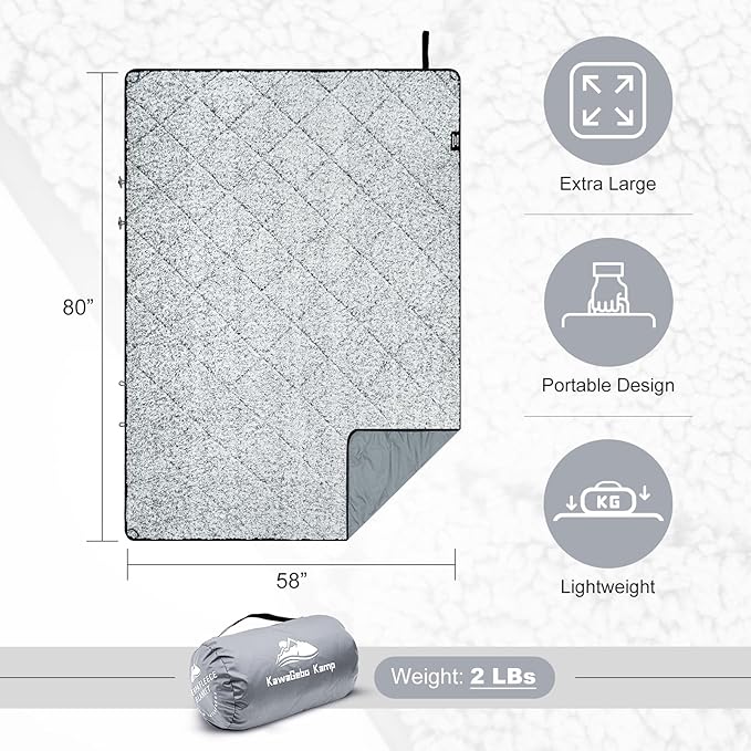Sherpa Warm Outdoor Camping Blanket - Waterproof Stadium Blanket for Cold Weather, Camp, Sports Mom and Concert - Camping Quilt 80" X 58" (Gray)