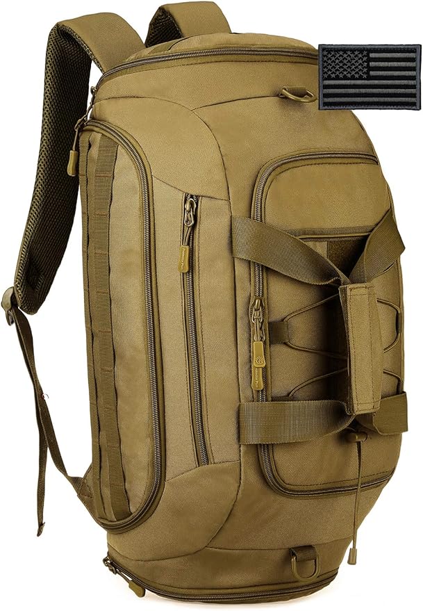 Protector Plus Tactical Duffle Bag Men Sports Gym Backpack Military MOLLE Luggage Suitcase Travel Camping Outdoor Rucksack (Rain Cover & Patch Included), Brown, 35L