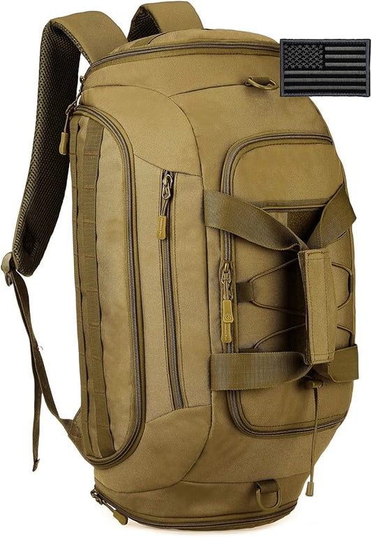 Protector Plus Tactical Duffle Bag Men Sports Gym Backpack Military MOLLE Luggage Suitcase Travel Camping Outdoor Rucksack (Rain Cover & Patch Included), Brown, 35L